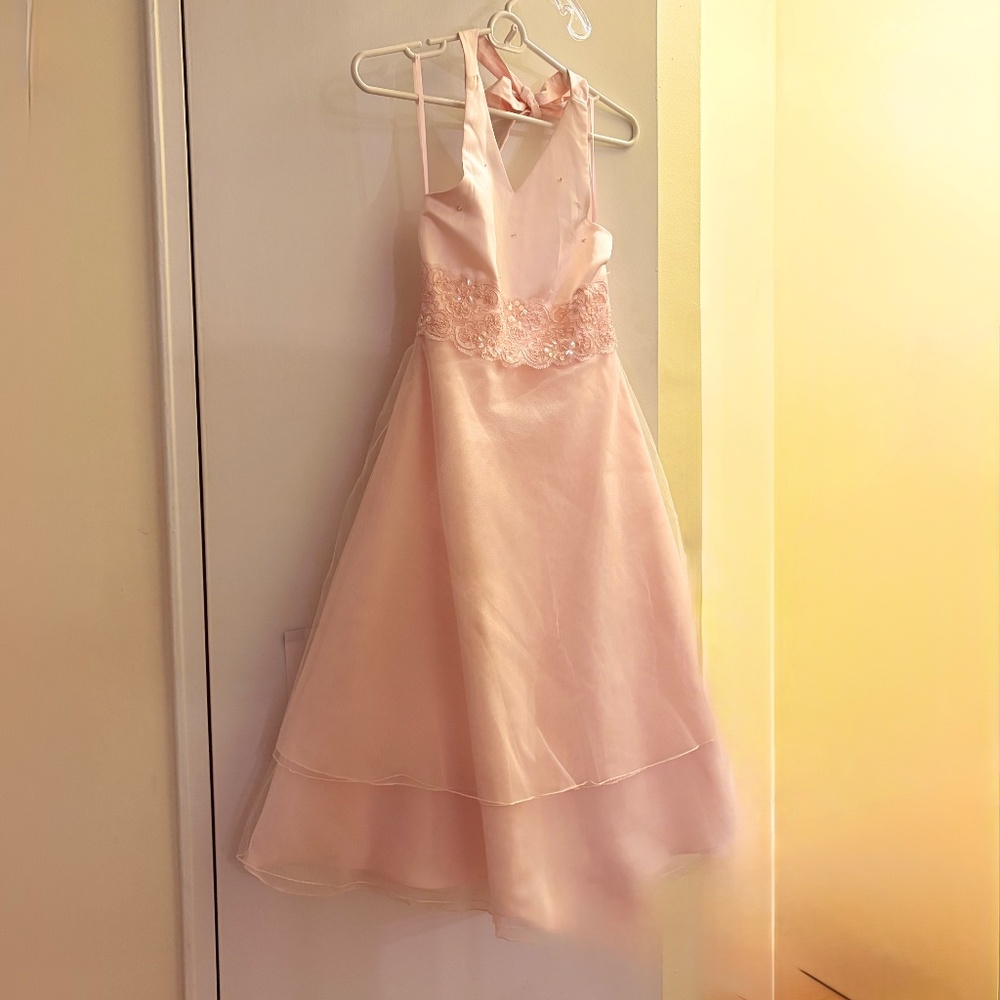 Rare Editions Big Girls pink Satin organza halter formal Social Dress, Size 10